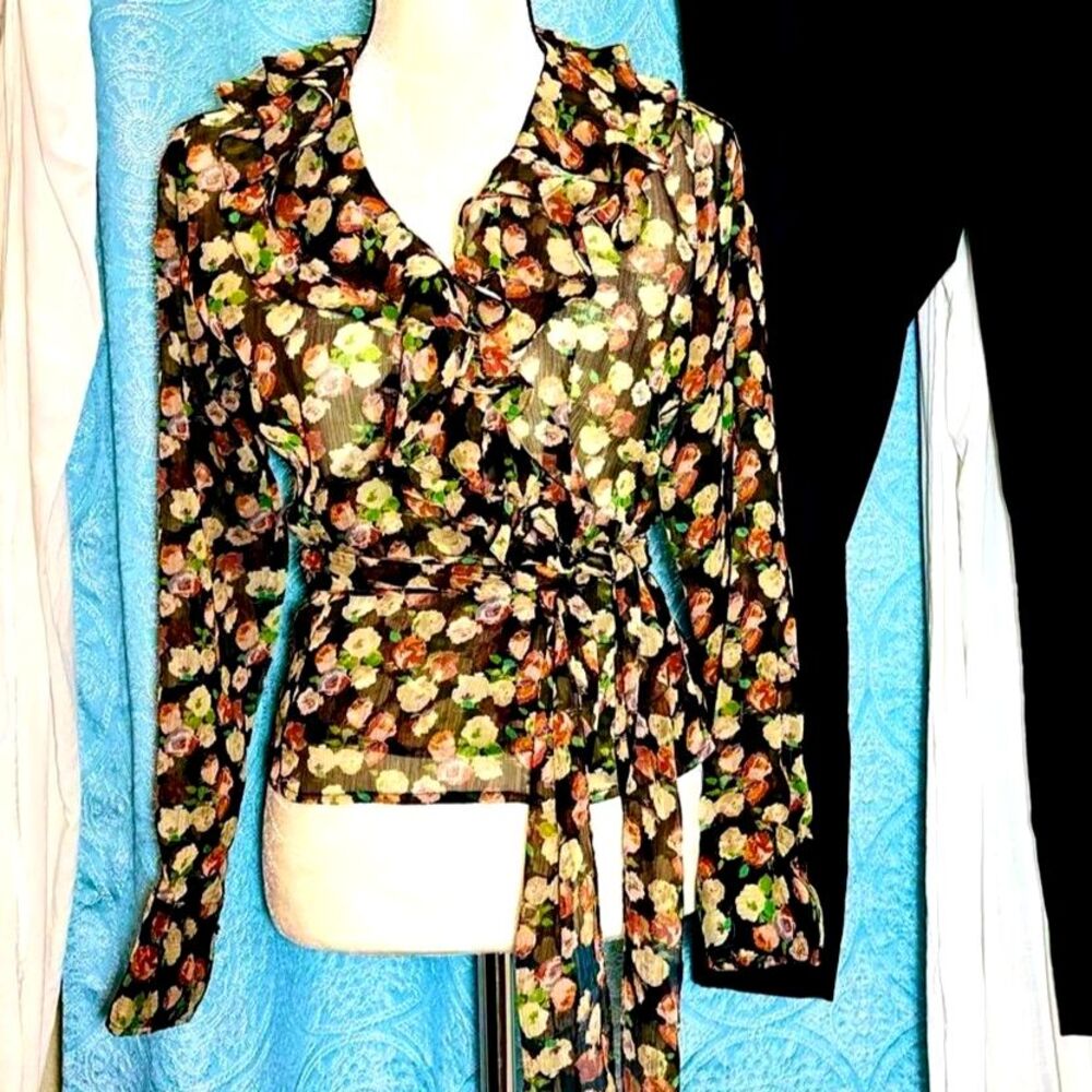 Lauren Ralph Lauren Petites Shear Floral Ruffle Wrap Blouse Sz SP